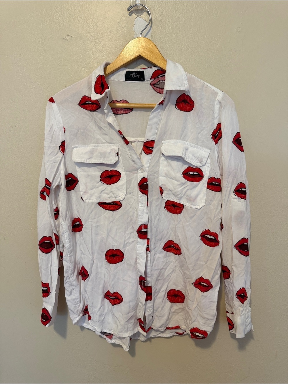 White Button-Down Shirt with Red Lip Print